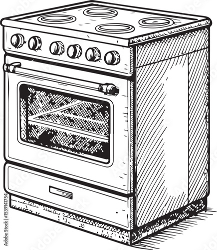 Stove Kitchen Cooking Vector Illustration, Sketch Drawing Line Linear Symbol Icon Engraving Coloring Book, Hand-drawn Black and White Isolated