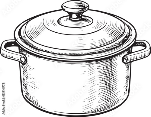 Cooking Pot or Pan Vector Illustration, Sketch Drawing Line Linear Symbol Icon Engraving Coloring Book, Hand-drawn Black and White Isolated