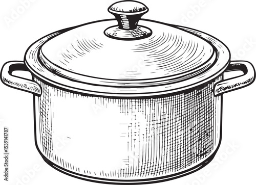Cooking Pot or Pan Vector Illustration, Sketch Drawing Line Linear Symbol Icon Engraving Coloring Book, Hand-drawn Black and White Isolated