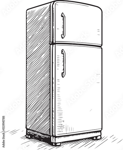 Fridge Refrigerator Vector Illustration, Sketch Drawing Line Linear Symbol Icon Engraving Coloring Book, Hand-drawn Black and White Isolated