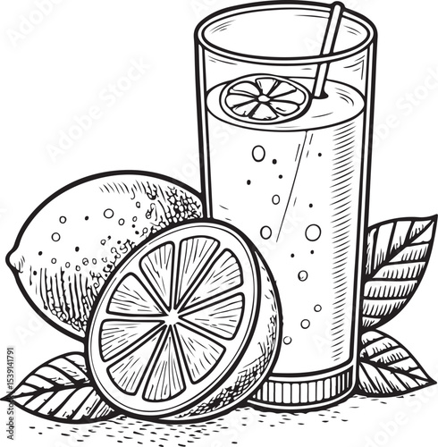 Lemonade Glass with Lemon Vector Illustration, Sketch Drawing Line Linear Symbol Icon Engraving Coloring Book, Hand-drawn Black and White Isolated