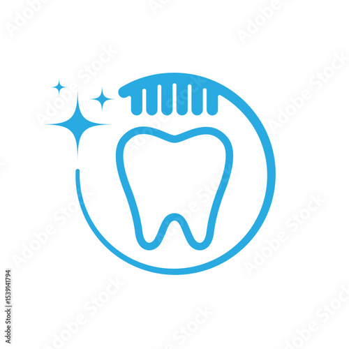 Bright blue logo represents dental hygiene, displaying a stylized tooth with sparkling effects and a comb above. It symbolizes cleanliness and oral care focus in a modern design