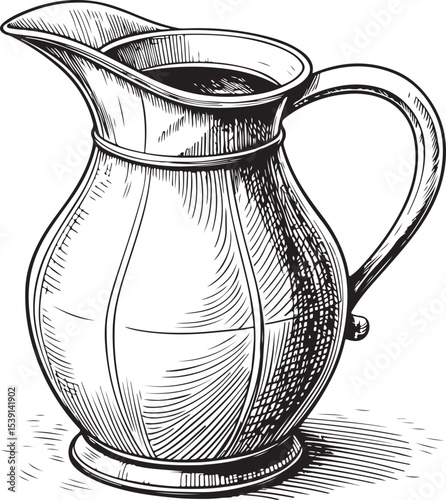 Jug or Pitcher Vector Illustration, Sketch Drawing Line Linear Symbol Icon Engraving Coloring Book, Hand-drawn Black and White Isolated
