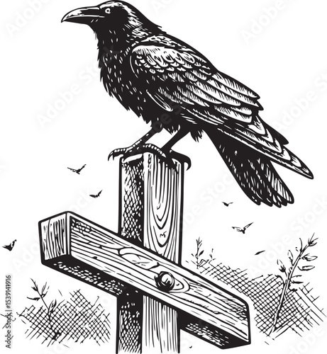 Crow or Raven on Cross of Grave Cemetery Graveyard, Death Vector Illustration, Sketch Drawing Line Linear Symbol Icon Engraving Coloring Book, Hand-drawn Black and White Isolated
