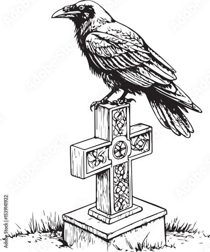 Crow or Raven on Cross of Grave Cemetery Graveyard, Death Vector Illustration, Sketch Drawing Line Linear Symbol Icon Engraving Coloring Book, Hand-drawn Black and White Isolated
