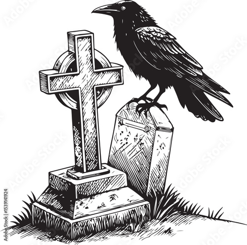 Crow or Raven on Cross of Grave Cemetery Graveyard, Death Vector Illustration, Sketch Drawing Line Linear Symbol Icon Engraving Coloring Book, Hand-drawn Black and White Isolated