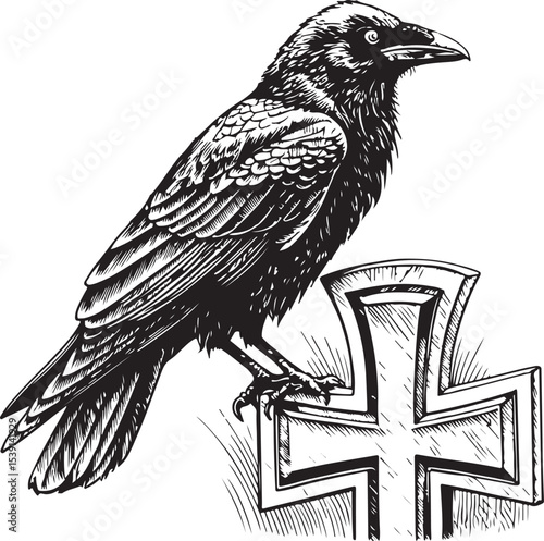 Crow or Raven on Cross of Grave Cemetery Graveyard, Death Vector Illustration, Sketch Drawing Line Linear Symbol Icon Engraving Coloring Book, Hand-drawn Black and White Isolated