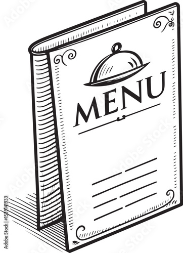 Menu Vector Illustration, Sketch Drawing Line Linear Symbol Icon Engraving Coloring Book, Hand-drawn Black and White Isolated