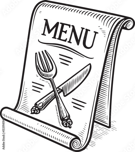 Menu Vector Illustration, Sketch Drawing Line Linear Symbol Icon Engraving Coloring Book, Hand-drawn Black and White Isolated