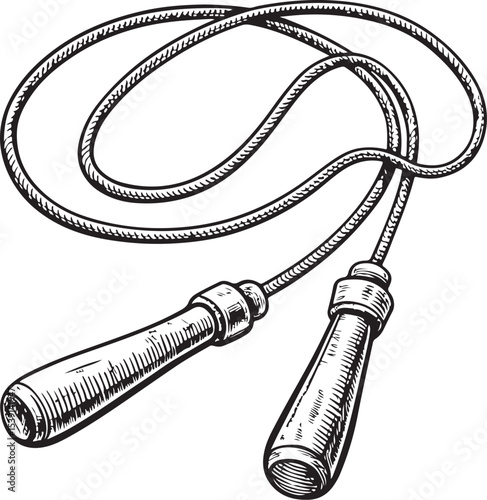 Jumping Rope Jumprope Vector Illustration, Sketch Drawing Line Linear Symbol Icon Engraving Coloring Book, Hand-drawn Black and White Isolated