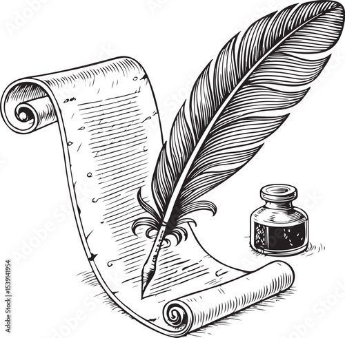 Quill and Parchment Writing Letter Vintage Vector Illustration, Sketch Drawing Line Linear Symbol Icon Engraving Coloring Book, Hand-drawn Black and White Isolated