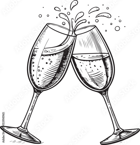 Two Champagne Glasses Toasting Clinking Toast Celebrating Vector Illustration, Sketch Drawing Line Linear Symbol Icon Engraving Coloring Book, Hand-drawn Black and White Isolated