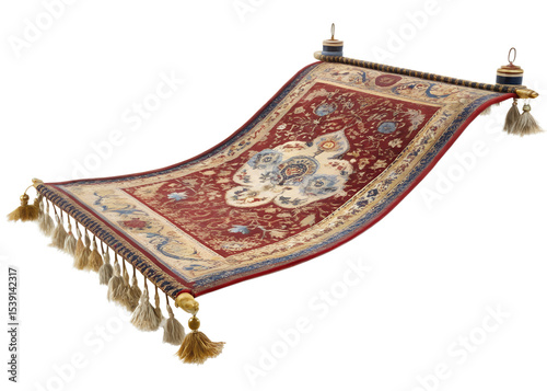 Highly Detailed and Ornate Flying Carpet Floating in Mid-Air Isolated on White Background

