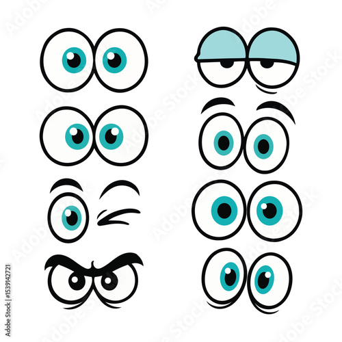 Set of expressive cartoon eyes. Funny comic character face elements with different emotions like happy, angry, and sleepy. Vector illustration