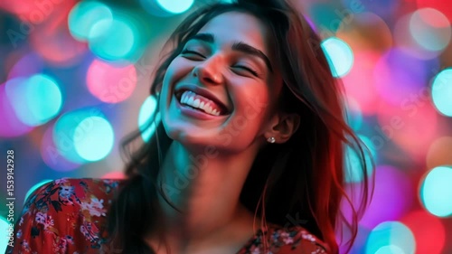 Woman smiling with eyes closed at lights