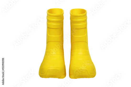 Pair of yellow rubber boots for kids isolated on white background