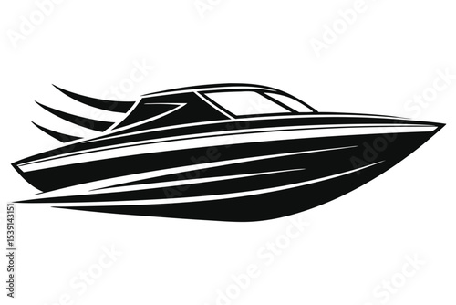 High Speed Motorboat Illustration, Sleek Design and Dynamic Motion, Black and White Vector Graphic for Nautical Themes and Marine Industries