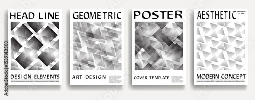 Modern posters . Vector design composition with various geometric shapes . Abstract contemporary art . Vector art ideal for media, ads, covers, brochures, banners. Black and white.
