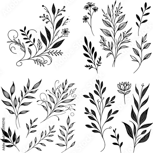 set of minimal black and white floral vector with fine botanical lines, perfect for tattoos or decoration