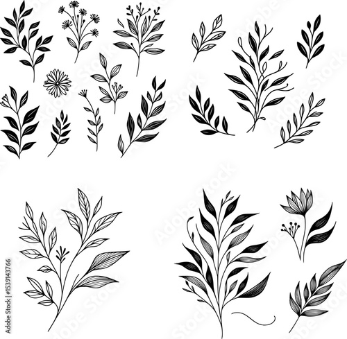 set of minimal black and white floral vector with fine botanical lines, perfect for tattoos or decoration