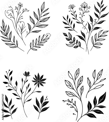 set of minimal black and white floral vector with fine botanical lines, perfect for tattoos or decoration