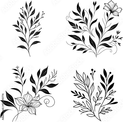 set of minimal black and white floral vector with fine botanical lines, perfect for tattoos or decoration
