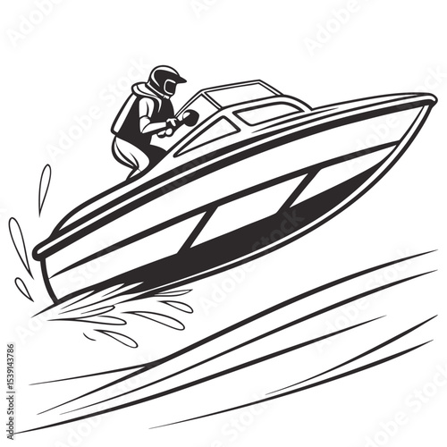 Dynamic Black and White Illustration of a Speedboat in Action Water Sports Adventure and Thrilling Ride Depicted in Stunning Detail