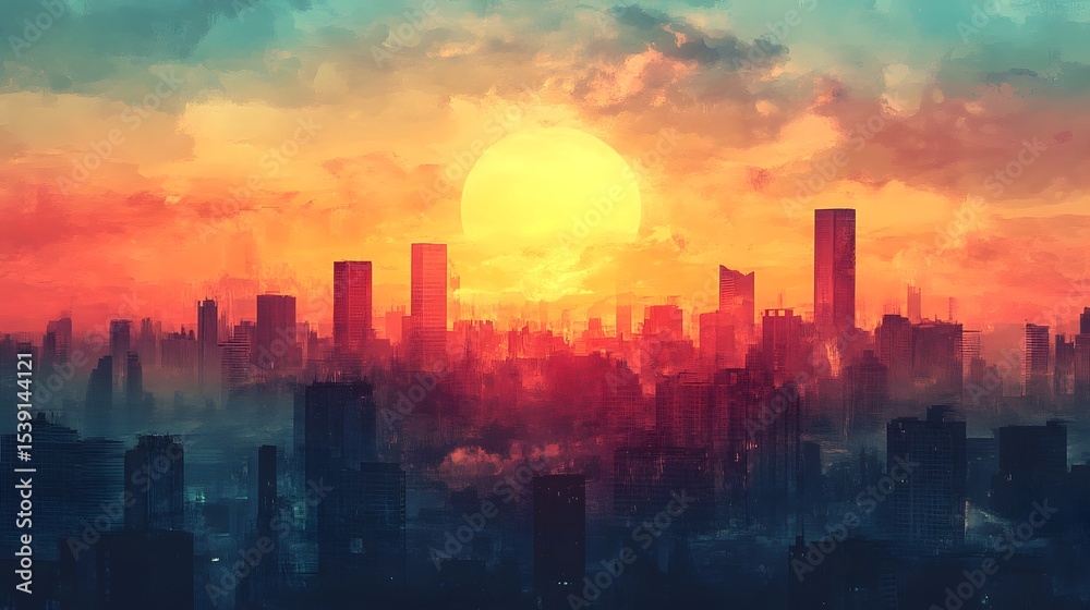 Fototapeta premium Stunning Cityscape Silhouette Against Vibrant Sunset Sky