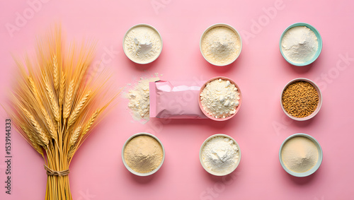 Assortment of wheat flour types in bowls with wheat sheaves