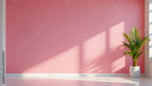 Minimalist pink room interior with sunlight and potted plant