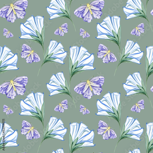 Seamless pattern watercolor moon flowers leaves moth night butterfly hand drawn illustration. Painted floral elements. Botanical natural objects. Fabric, print.