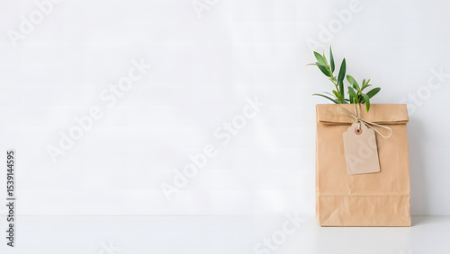 Brown paper gift bag with greenery and blank tag on white background