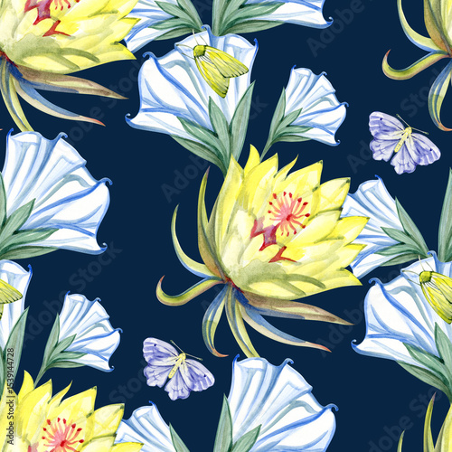 Beautiful flowers and botanical garden night with moon shine and butterflies seamless pattern design for fashion ,fabric,wallpaper and all prints