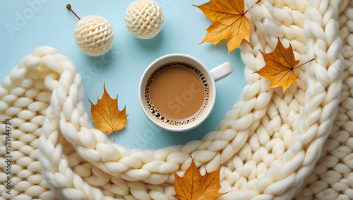 Cozy autumn scene with coffee and chunky knit blanket