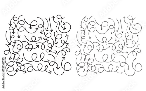  Seamless Arrow Icon Pattern Featuring Hand-Drawn Curly Arrows and Swirls in Black on White Background for Design and Navigation Concepts