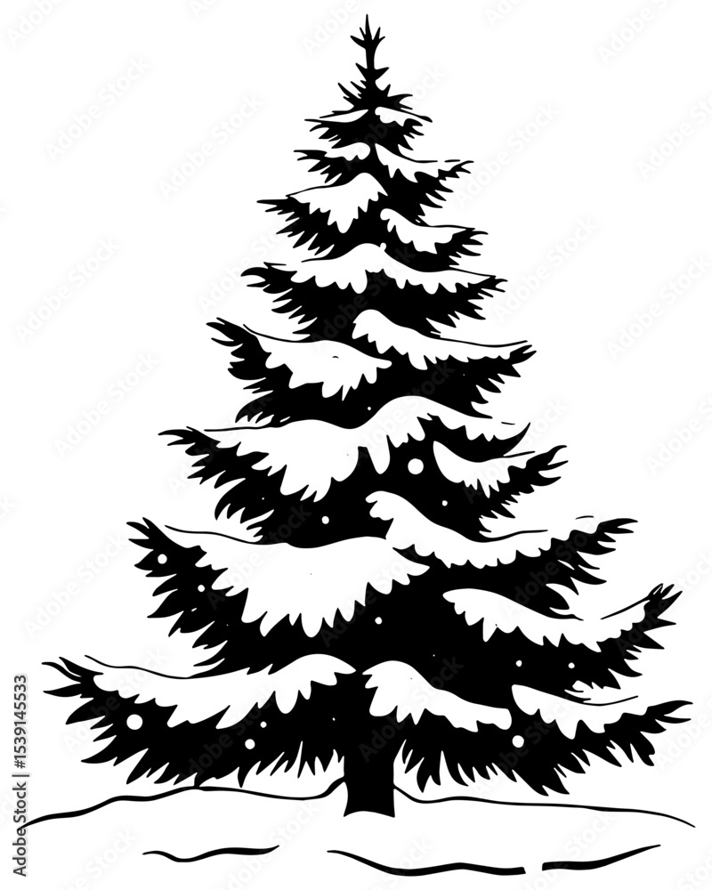 Obraz premium Snow covered pine tree illustration in black, isolated