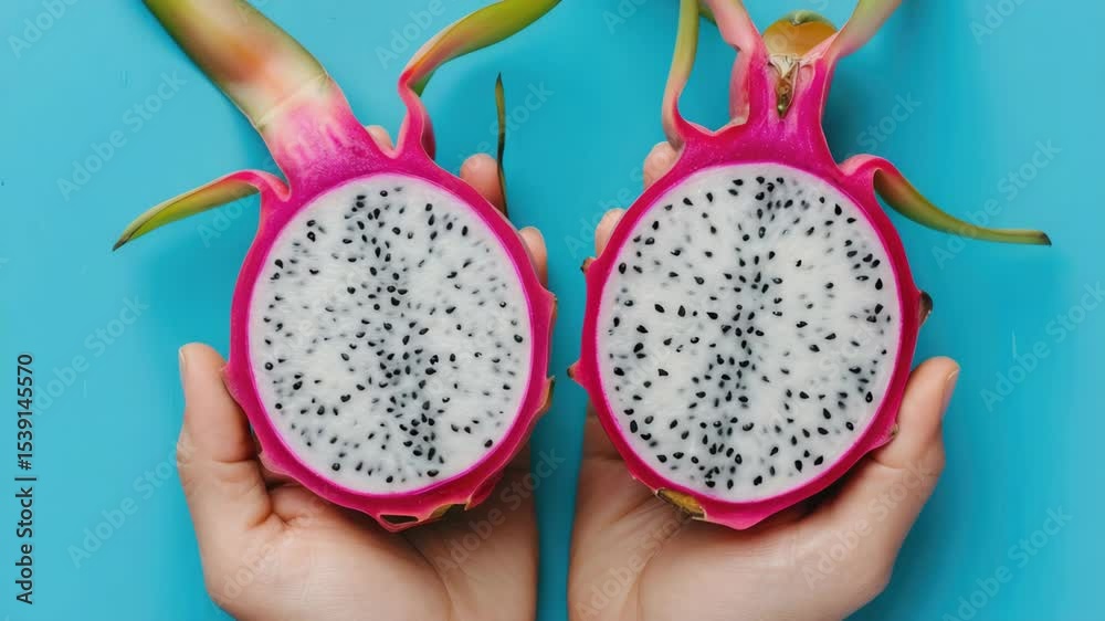 Two hands holding a dragon fruit cut open, revealing its vibrant purple flesh and edible seeds, ready to be eaten.