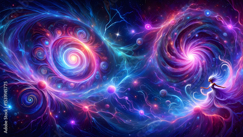 A celestial being dances among swirling nebulae and vibrant cosmic energy