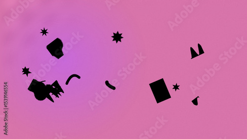 Abstract Pink Background with Scattered Black Irregular Shapes and Stars