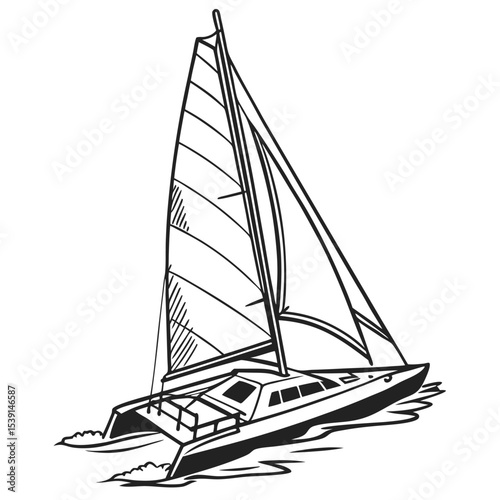 Monochromatic Illustration of a Sailing Catamaran Gracefully Gliding Across the Water, Capturing the Essence of Nautical Adventure and Serenity