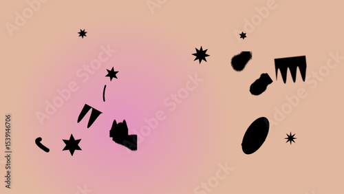 Abstract Pink and Beige Background with Scattered Black Shapes and Stars
