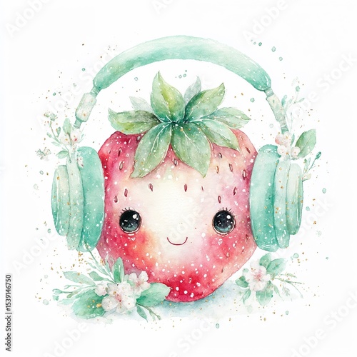 Cute strawberry character with headphones in watercolor style