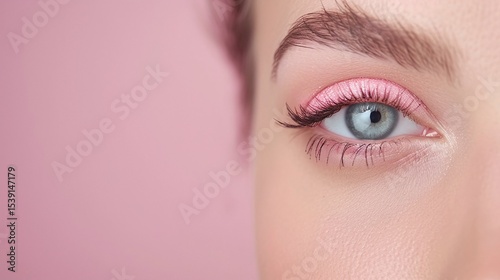 Closeup of pink pastel eyeshadow on eyelid, Minimal eye makeup with defined lashes, Soft feminine cosmetic styling, Fresh eyelash focus

