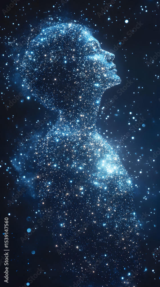 Obraz premium Luminous silhouette of a person made of stars, cosmic tones of blue and white, space like background