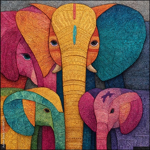 Colorful stylized elephant group illustration with intricate patterns
