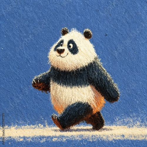 Smiling cartoon panda walking on textured blue background