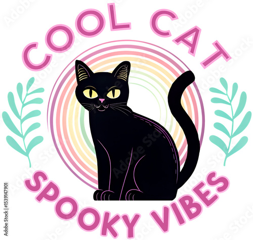 Cool Cat Spooky Vibes Black Cat Starbursts Retro 50s Print Sticker
