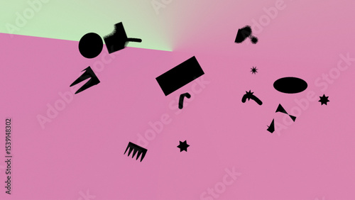 Abstract Pink and Green Background with Scattered Black Geometric Shapes