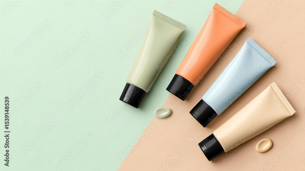 Fototapeta premium Pastel colored cosmetic tubes with black caps arranged on a split background of light green and beige