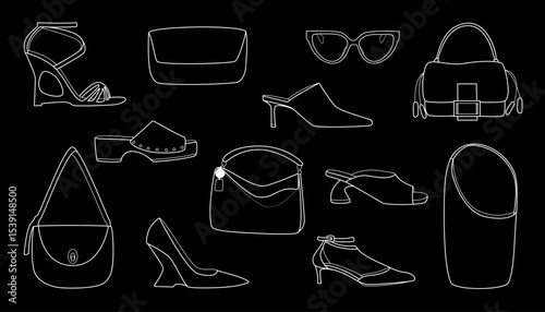 This stylish collection of shoes and accessories on a black background. A great choice for creating attractive visual content.